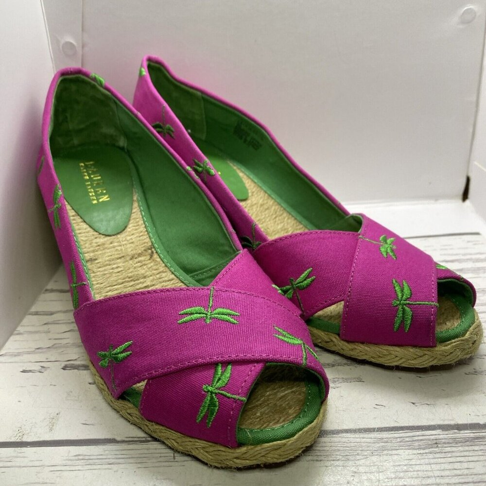 LAUREN RALPH LAUREN Pink Palm 'Cecelia' Wedge Peep Toe Espadrille Sandal US 9B